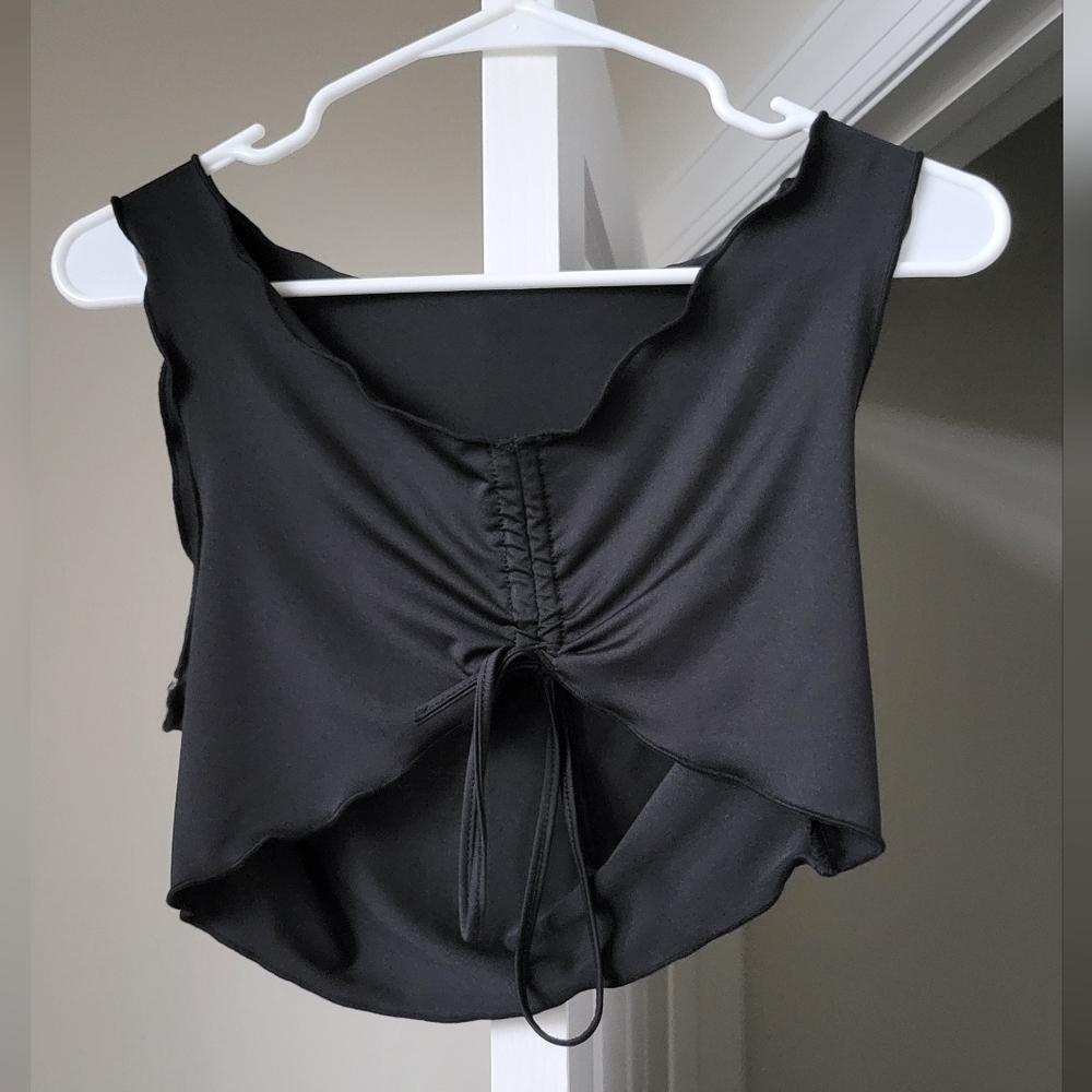 Black Butterfly Crop Top | Ruched Front Tie | Chic Sleeveless Size S/4 - Picture 3 of 5